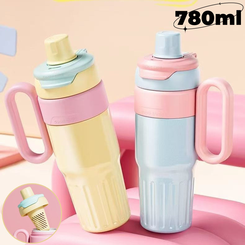 Shopi Vella gradient stainless steel coffee thermos in pastel yellow and blue with pink handles and 780ml capacity