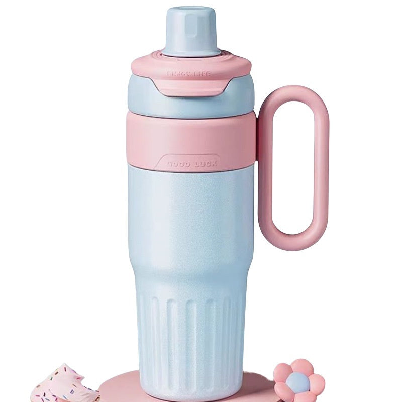 Pink and light blue gradient stainless steel coffee thermos with handle for home storage