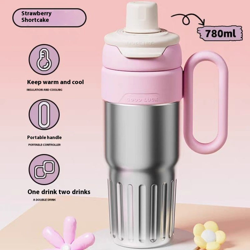 Gradient stainless steel coffee thermos with 780ml capacity and pink handle for home storage