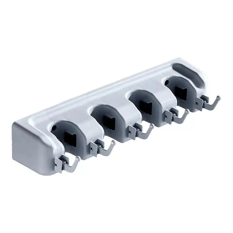 White wall-mounted mop and broom holder with five adjustable hooks for organization
