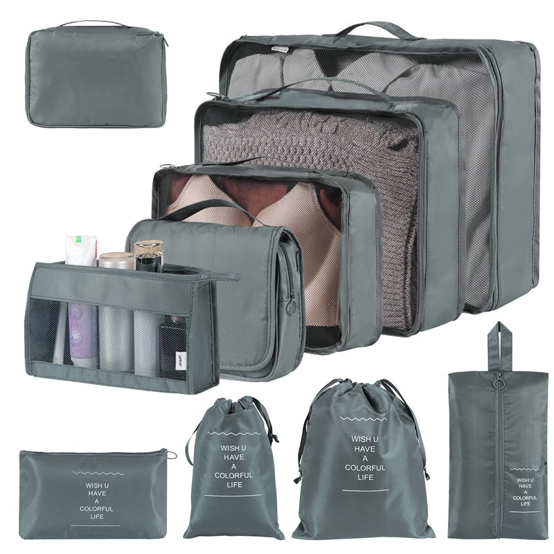 Shopi Vella waterproof travel storage organizer set with multiple packing cubes and pouches in gray