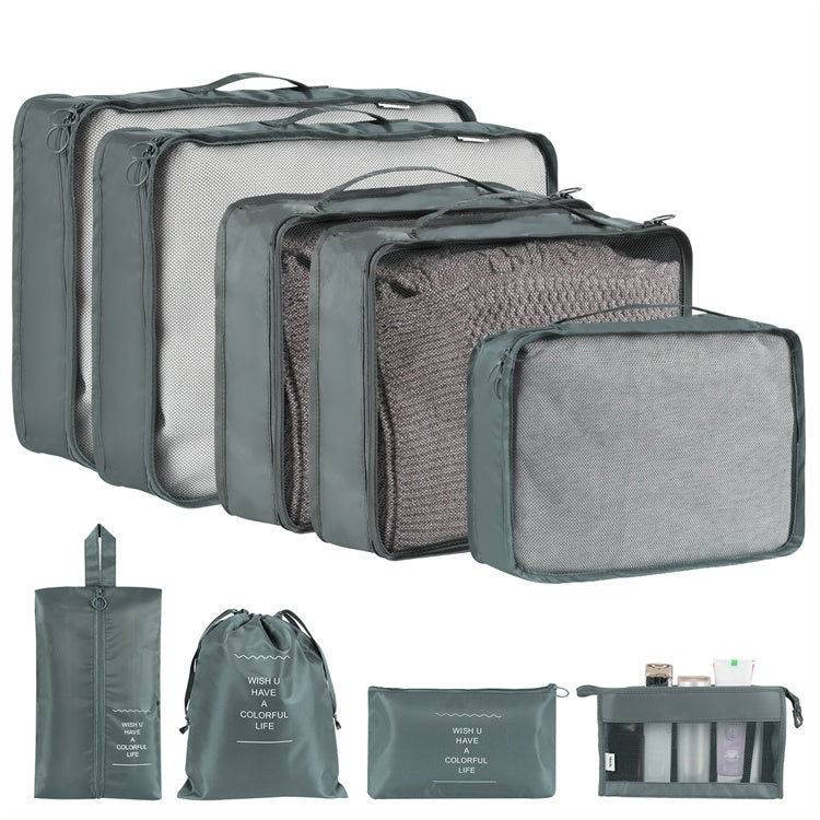 Shopi Vella waterproof travel storage organizer set with multiple gray packing cubes and pouches for home storage