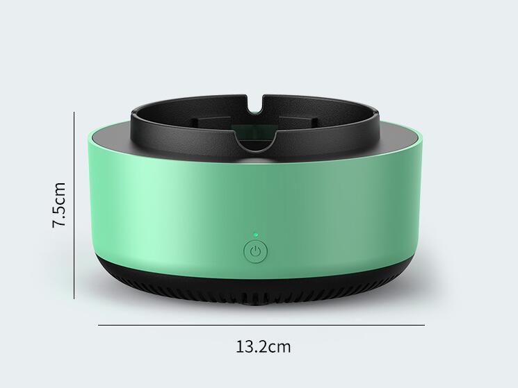 Shopi Vella smoke removal air purifier ashtray with green base and black top, compact size 13.2 by 7.5 cm