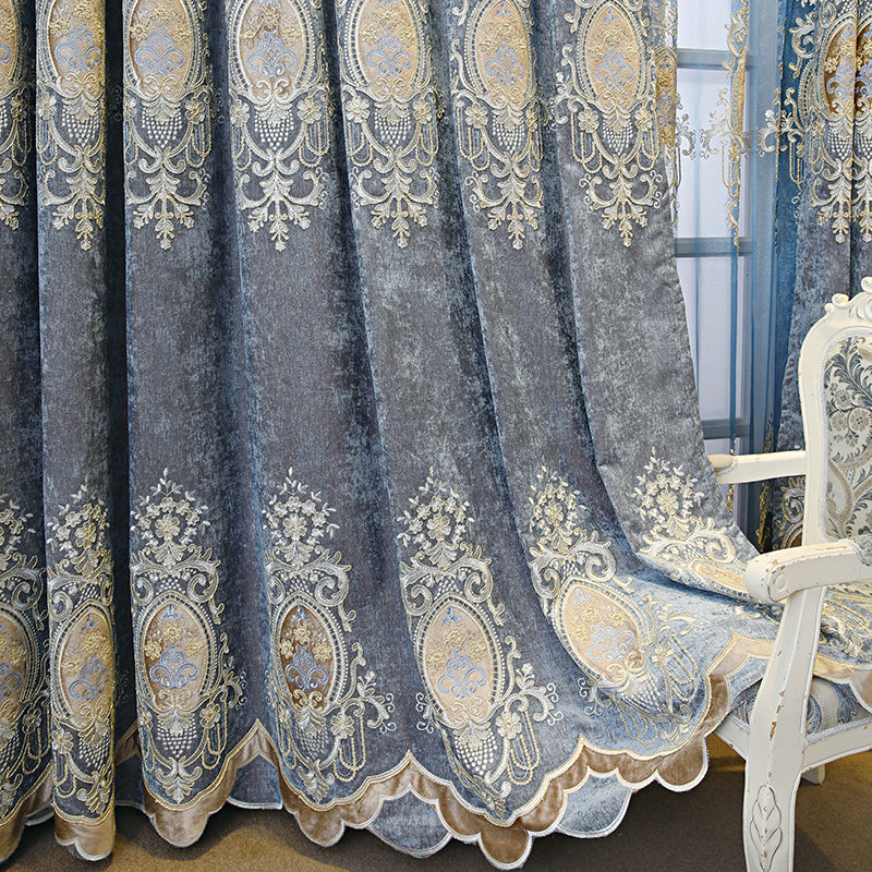 Elegant bluish gray green blackout curtains for bedroom with intricate gold embroidery and scalloped edges