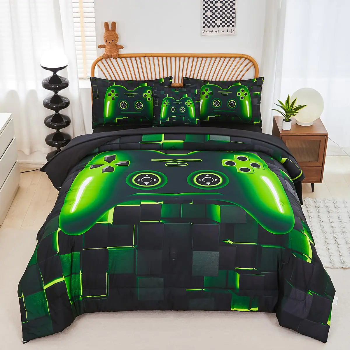 Black and green gamer bed in a bag with controller design on comforter and pillowcases
