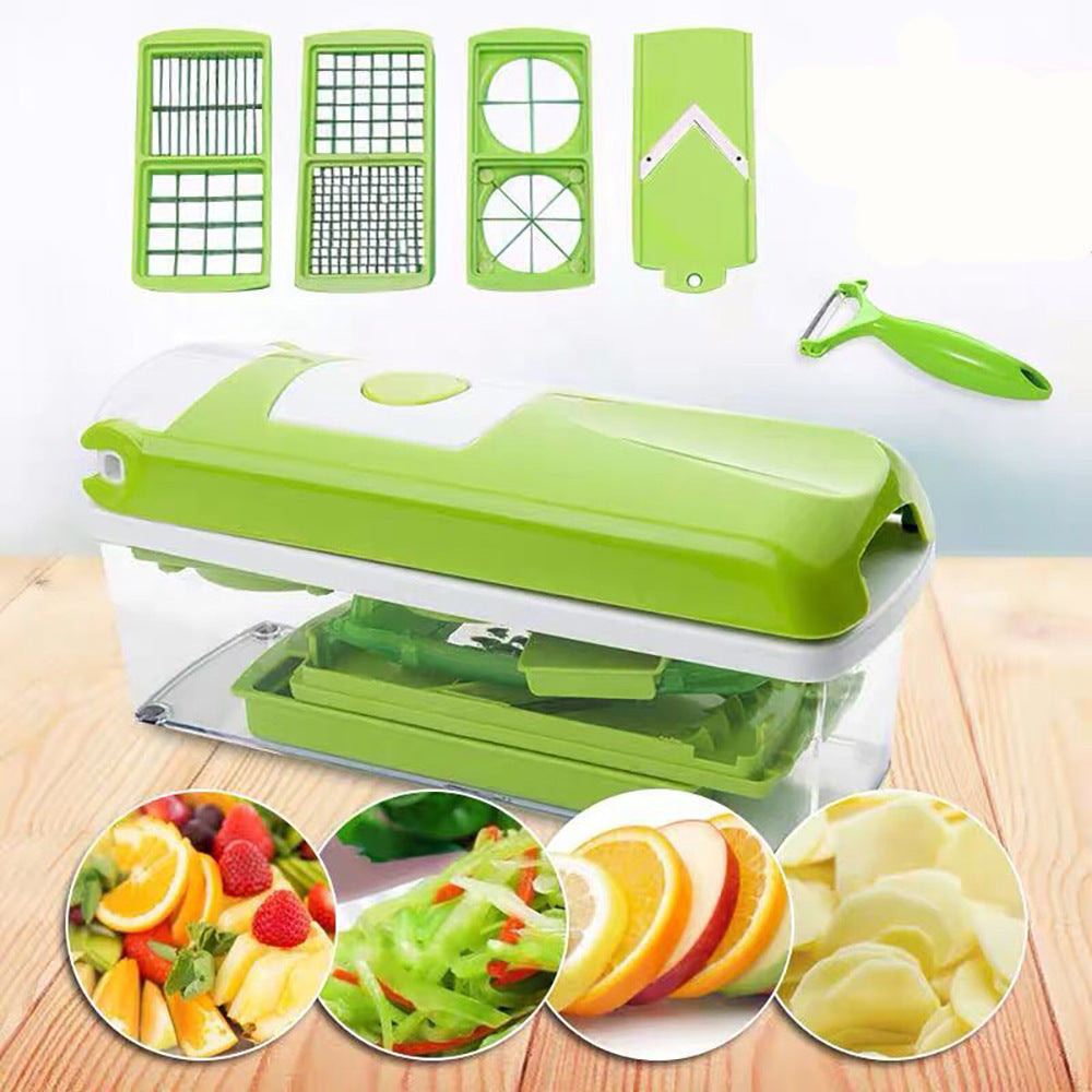Shopi Vella multifunctional vegetable chopper with multiple slicing and dicing blades and a green peeler