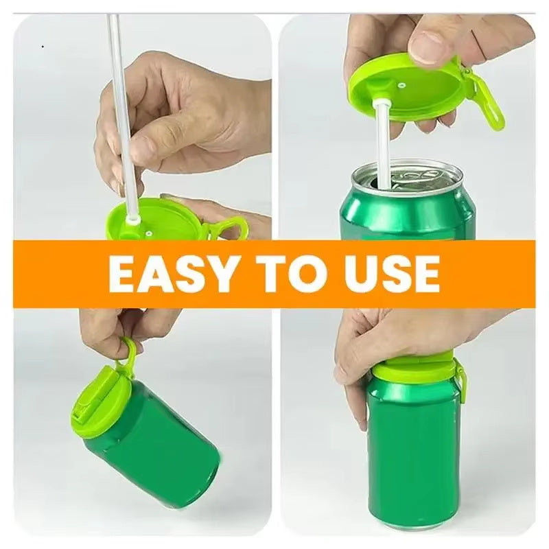 Reusable soda can lid with straw in green shown being attached and used on a soda can for easy drinking