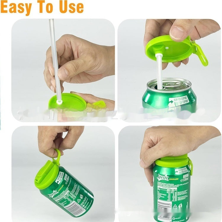 Reusable soda can lid with straw in bright green being placed and used on a green soda can
