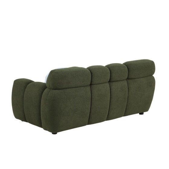 Shopi Vella green upholstered sofa with plush cushions and comfortable padded armrests