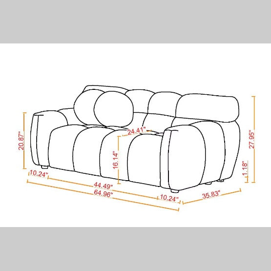 Diagram showing dimensions of a green upholstered sofa by Shopi Vella with detailed measurements
