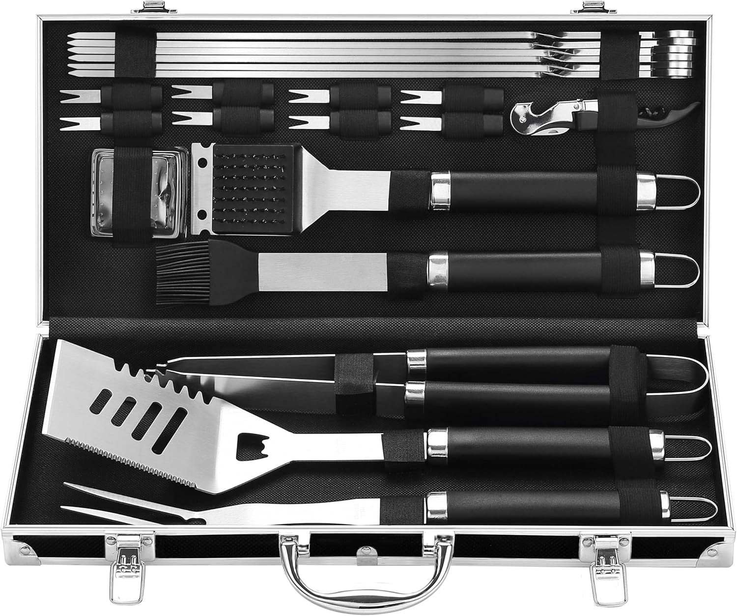 Shopi Vella BBQ grill tools set stainless steel with spatula tongs forks and cleaning brush in carrying case