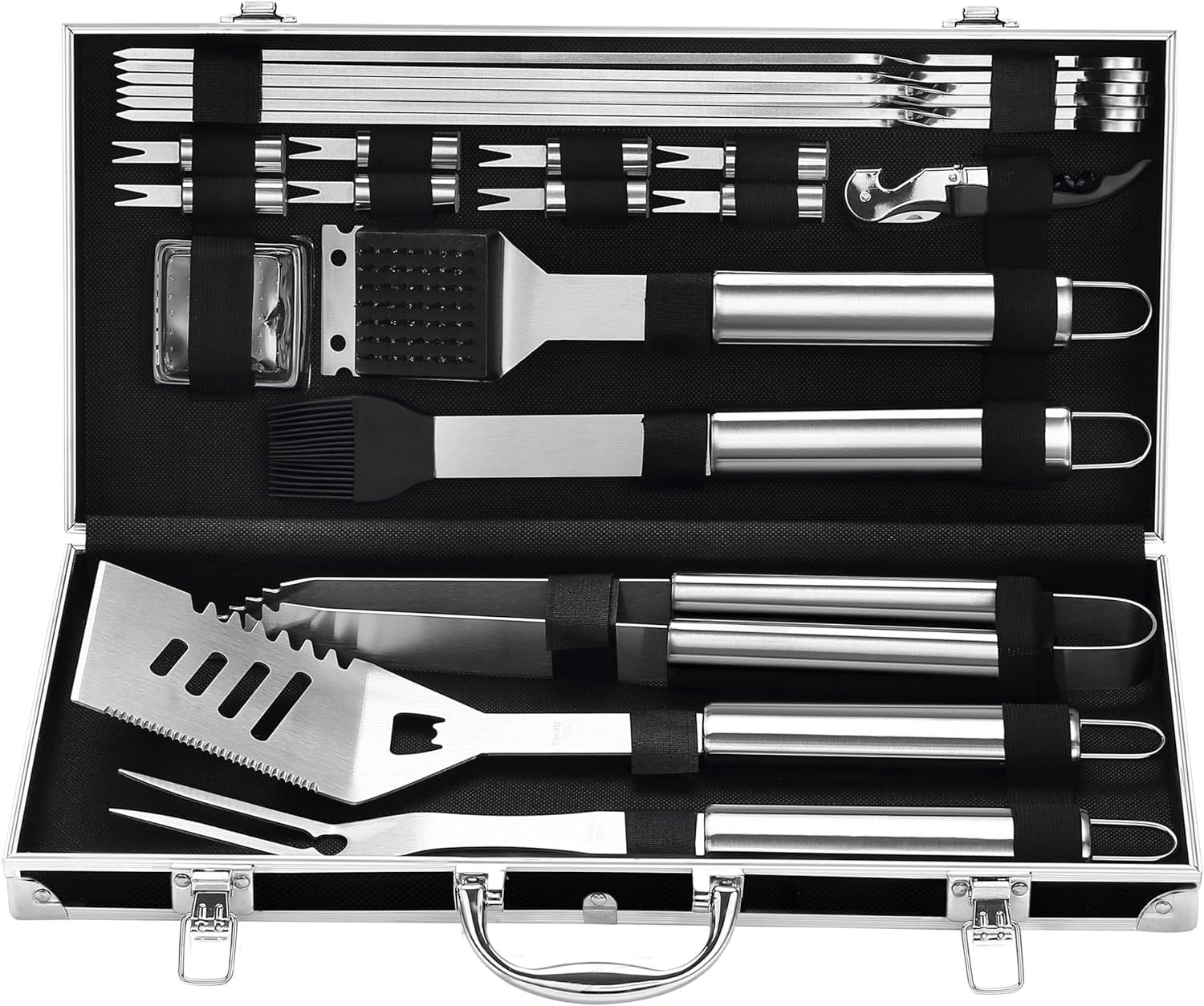 Shopi Vella BBQ grill tools set stainless steel in a portable black carrying case with spatula tongs and skewers