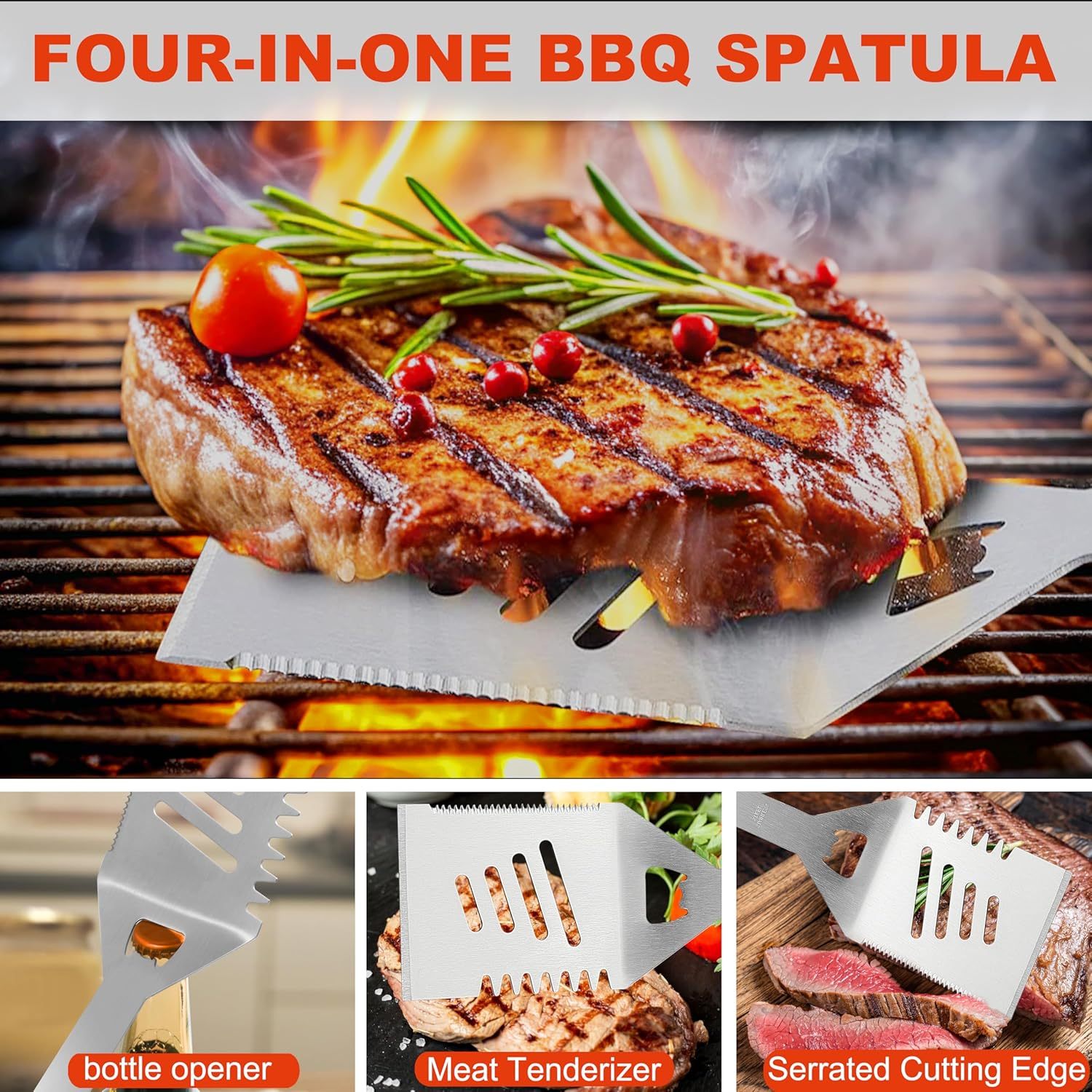 Shopi Vella BBQ grill tools set stainless steel four-in-one spatula with bottle opener meat tenderizer and serrated cutting edge