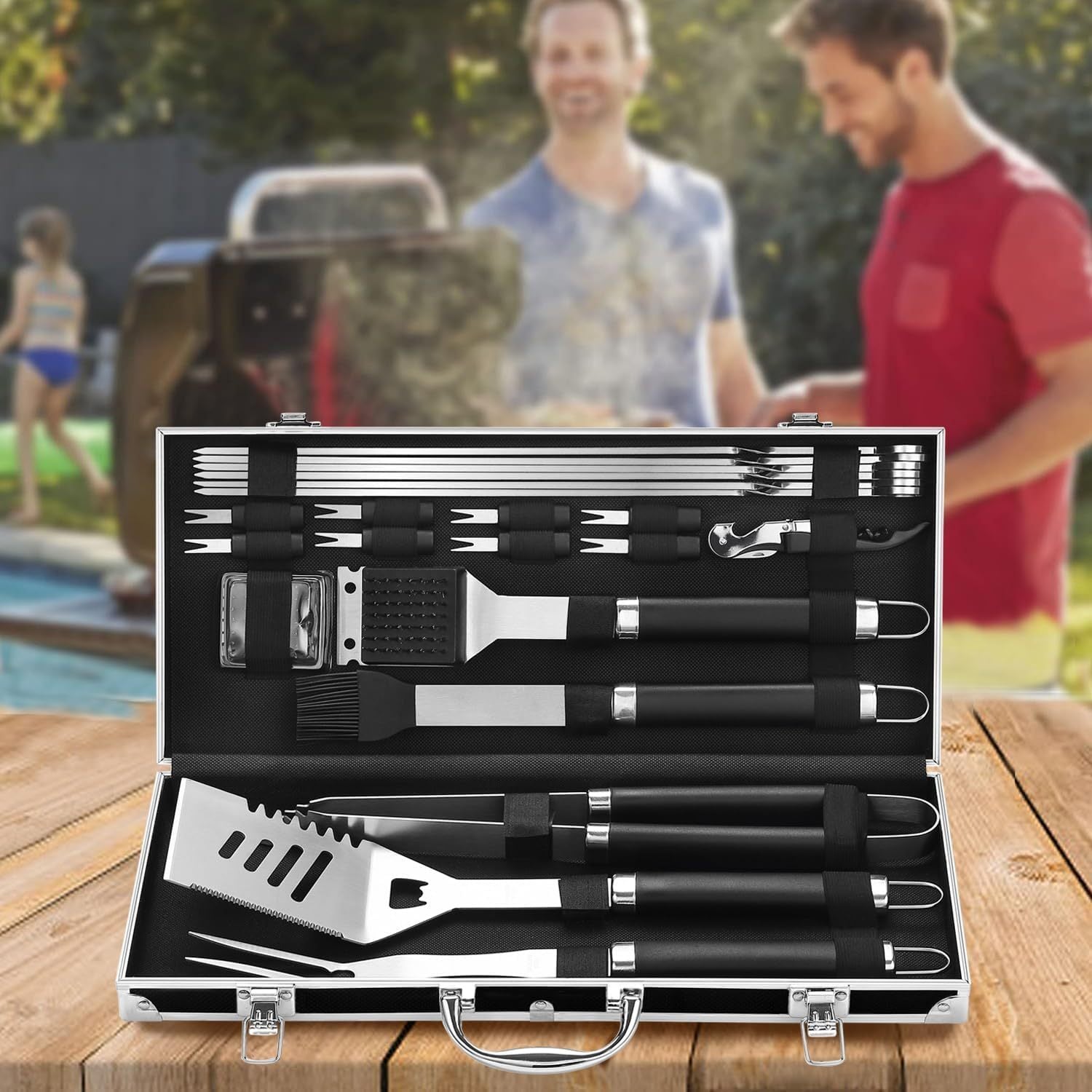 Shopi Vella BBQ grill tools set stainless steel in a carrying case for outdoor grilling