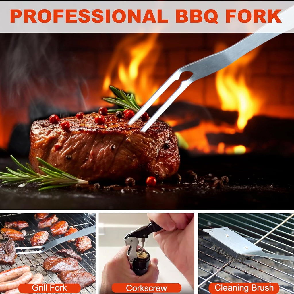 BBQ grill tools set stainless steel by Shopi Vella including professional fork, corkscrew, and cleaning brush