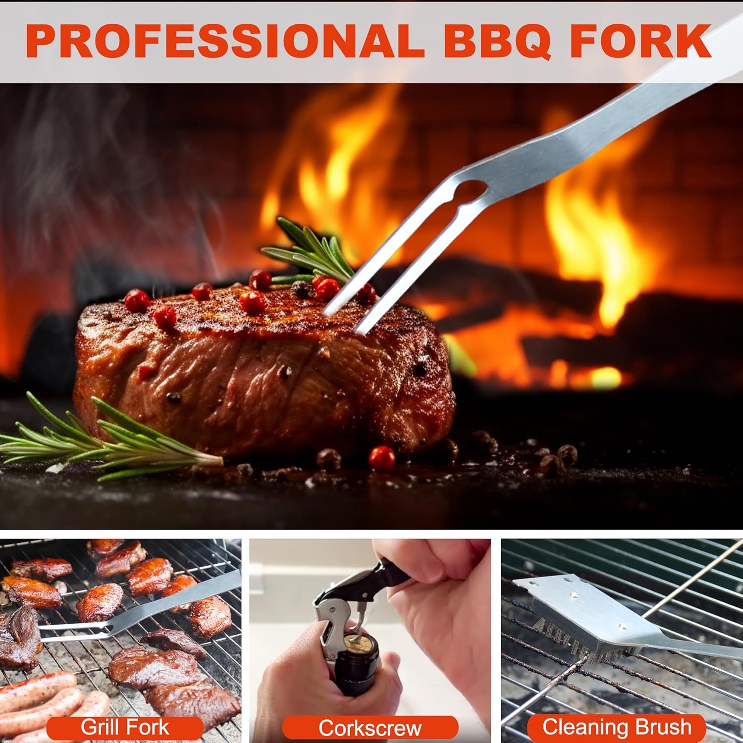 BBQ grill tools set stainless steel by Shopi Vella including professional fork, corkscrew, and cleaning brush