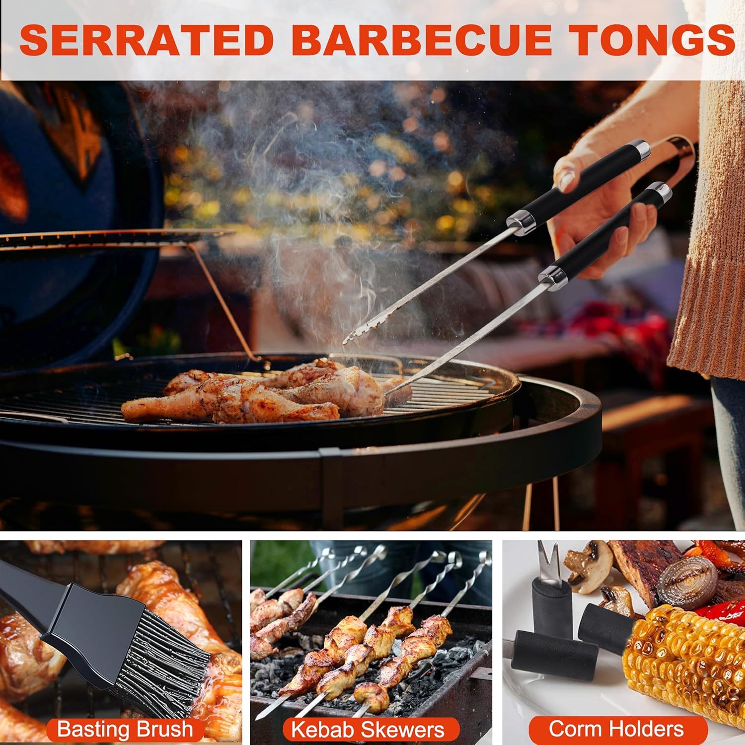 BBQ grill tools set stainless steel including serrated barbecue tongs, basting brush, kebab skewers, and corn holders