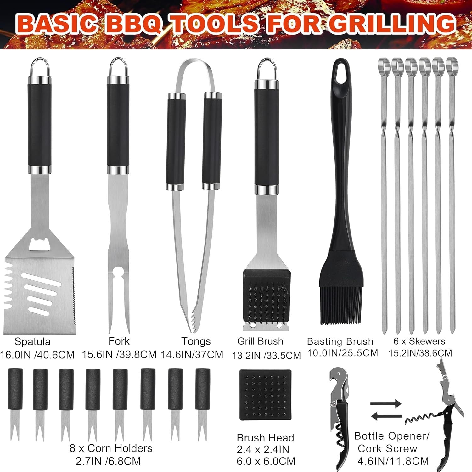Shopi Vella BBQ grill tools set stainless steel with spatula, fork, tongs, grill brush, basting brush, skewers, corn holders, and bottle opener