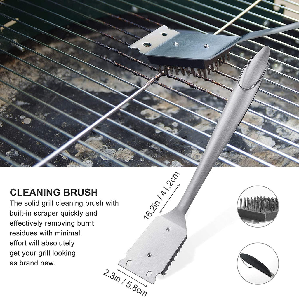 Stainless steel barbecue accessories kit grill cleaning brush with built-in scraper for effective burnt residue removal