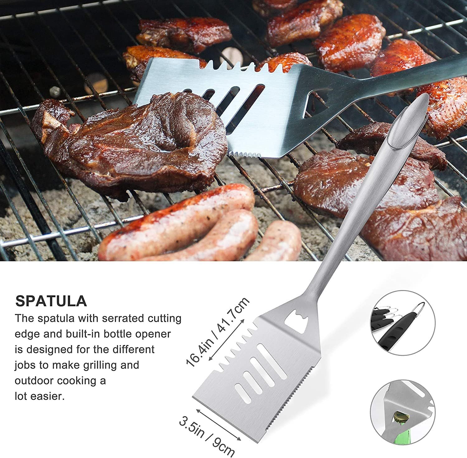 Stainless steel barbecue accessories kit spatula with serrated edge and built-in bottle opener for grilling