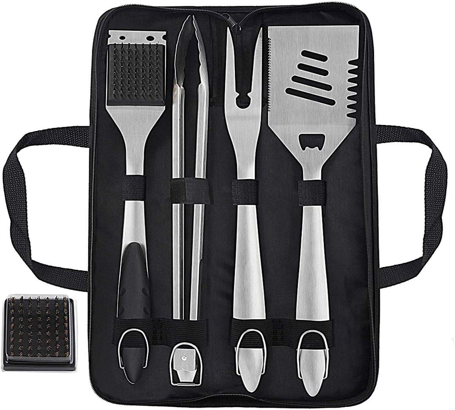 Shopi Vella stainless steel barbecue accessories kit with spatula, tongs, fork, and grill brush in black carrying case