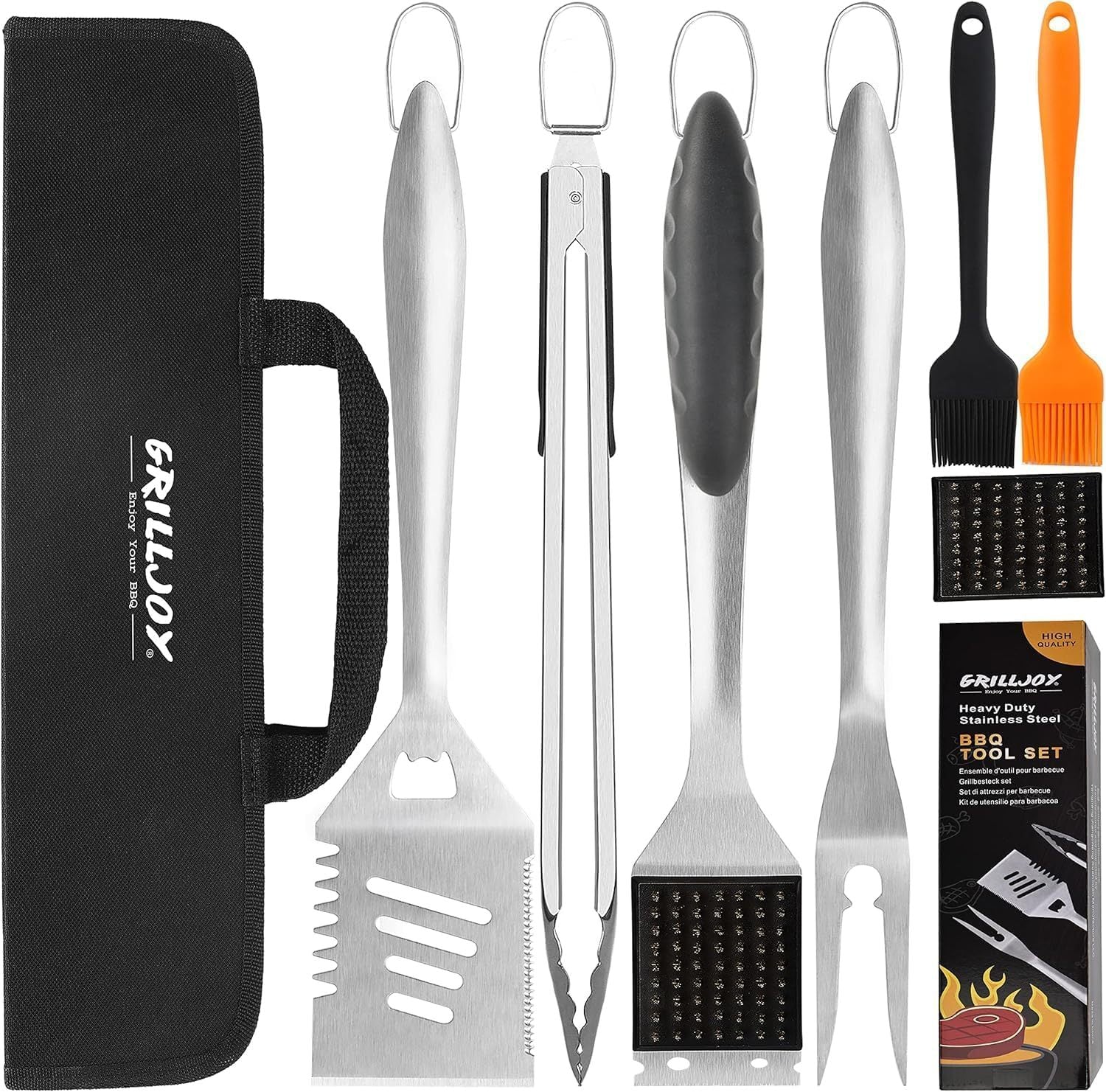 Stainless steel barbecue accessories kit with spatula, tongs, fork, brushes, and carrying case by Shopi Vella