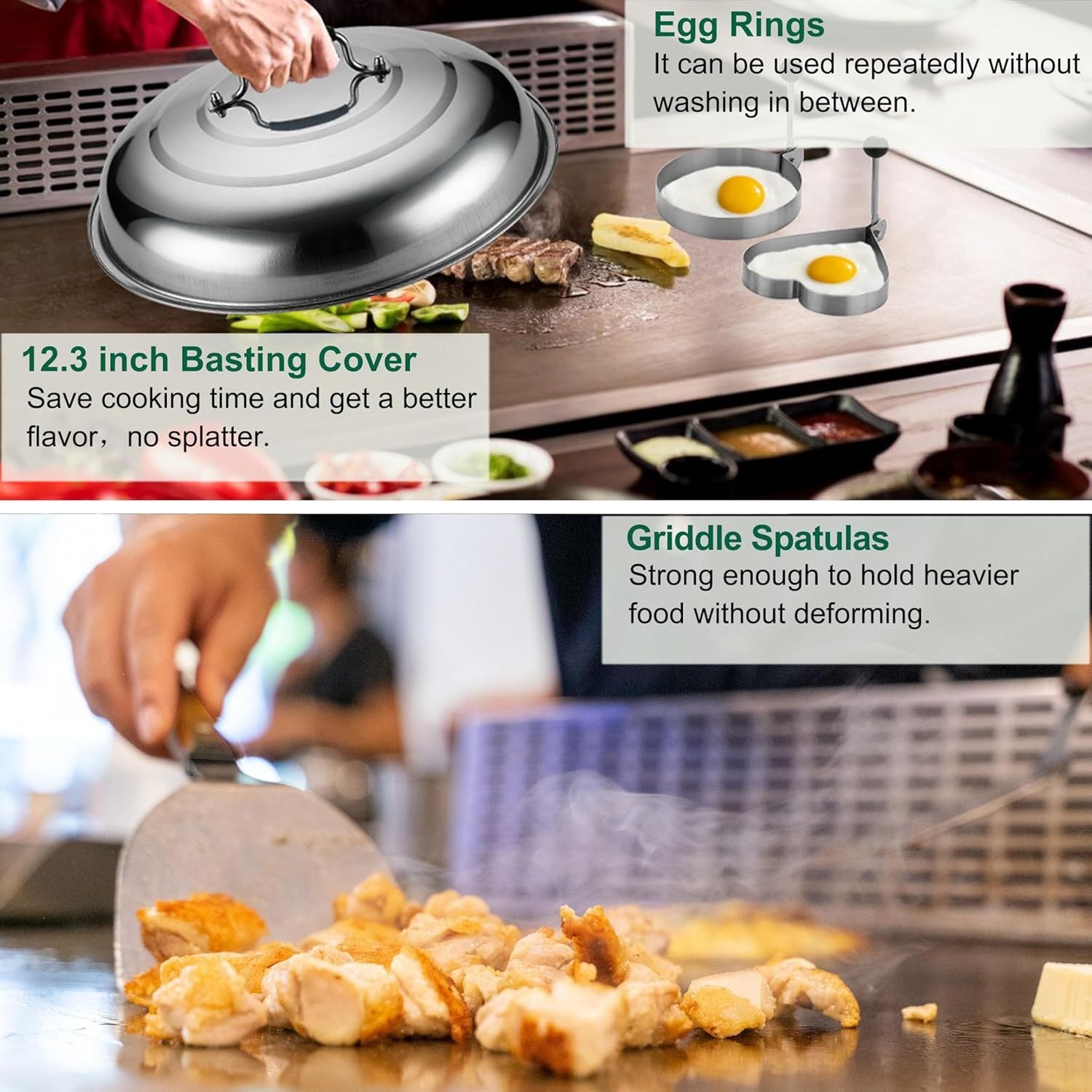 Shopi Vella stainless steel griddle spatula set used for cooking chicken on a griddle with egg rings and a basting cover