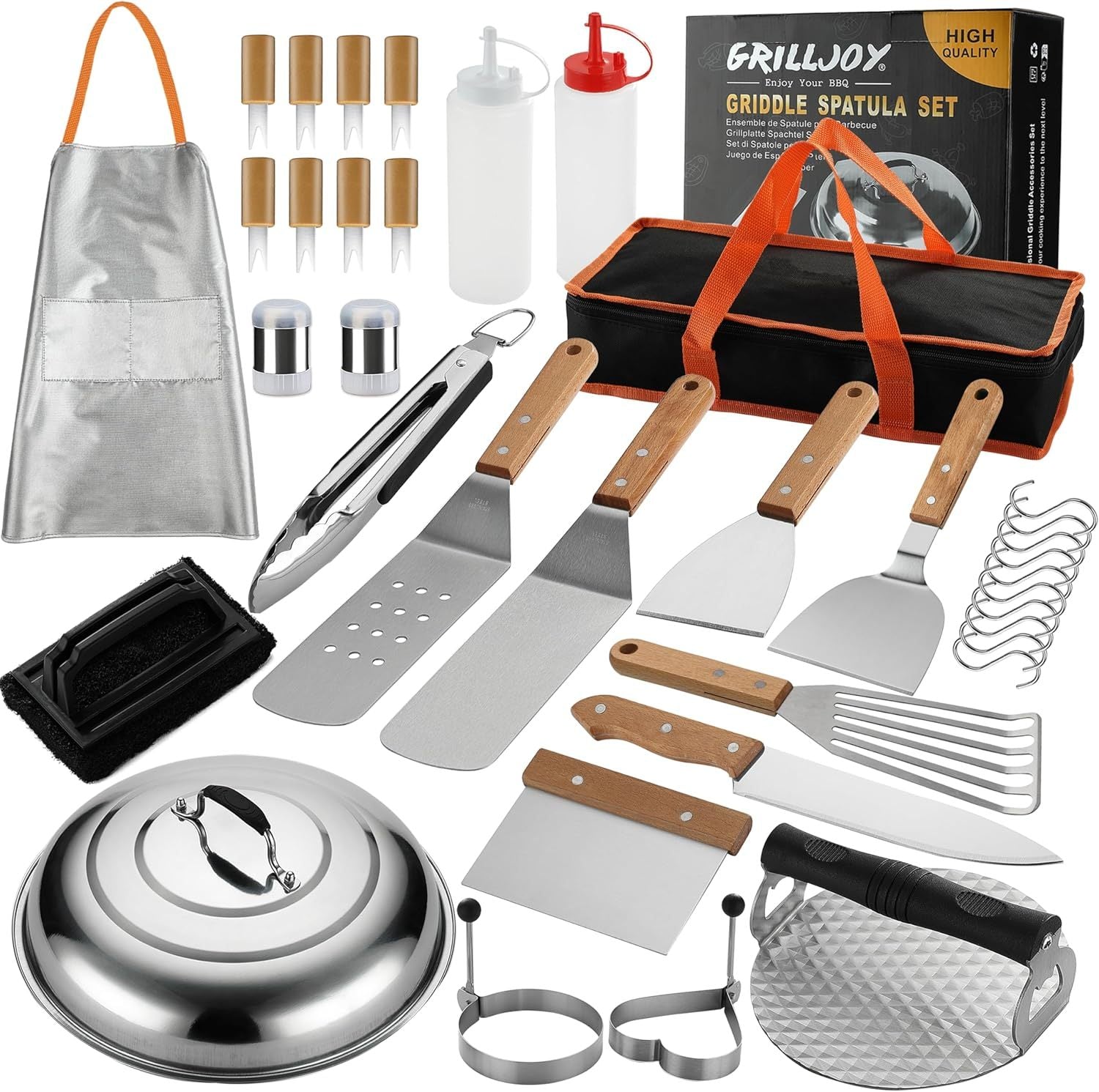 Stainless steel griddle spatula set with wooden handles including tongs apron and grilling tools by Shopi Vella