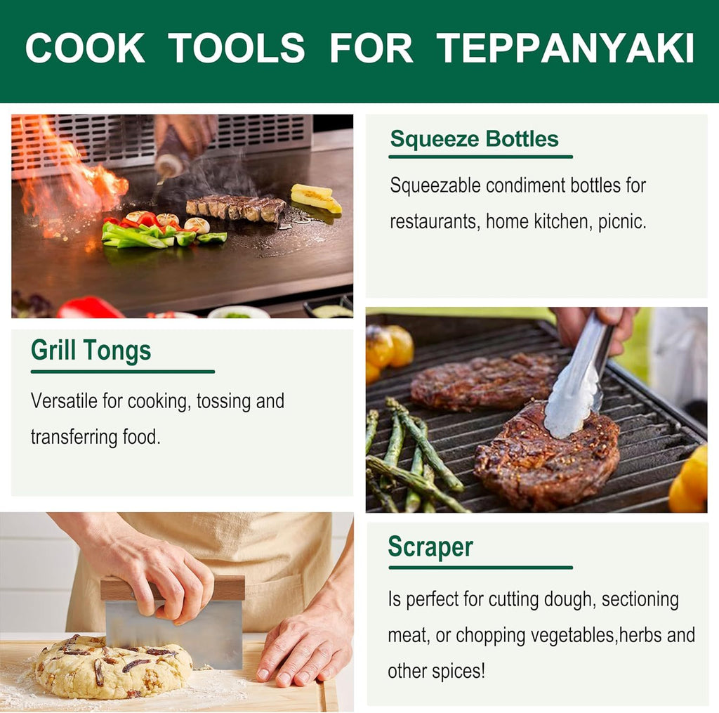 Shopi Vella stainless steel griddle spatula set with scraper, grill tongs, and squeeze bottles for cooking teppanyaki