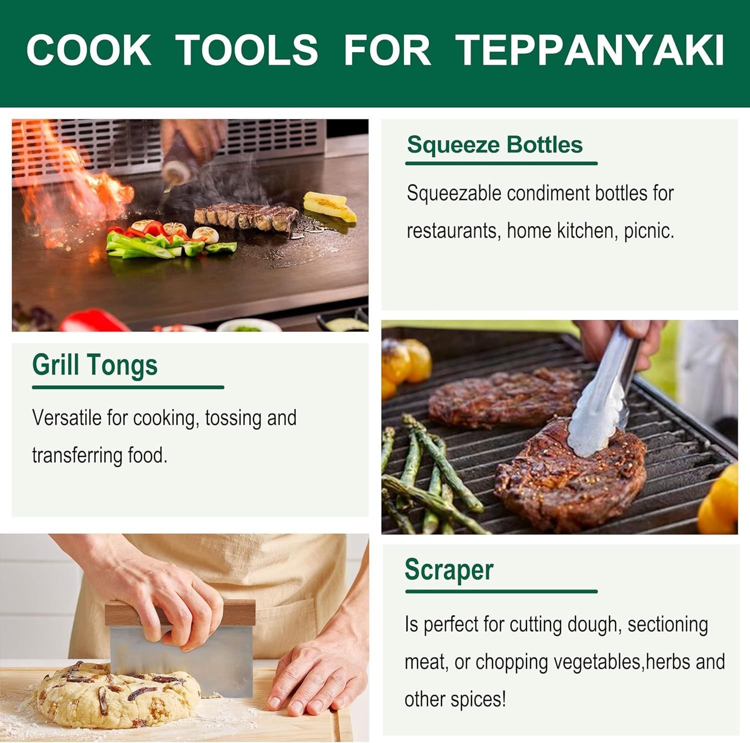 Shopi Vella stainless steel griddle spatula set with scraper, grill tongs, and squeeze bottles for cooking teppanyaki