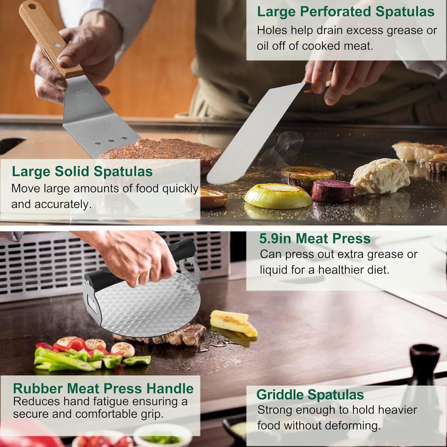Shopi Vella stainless steel griddle spatula set with large solid and perforated spatulas and meat press on a hot griddle