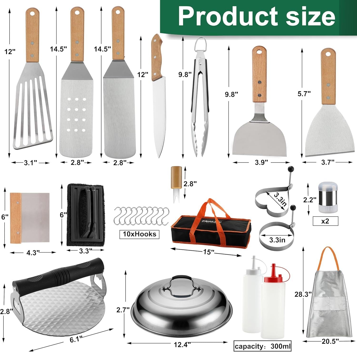 Shopi Vella stainless steel griddle spatula set with wooden handles and various cooking tools
