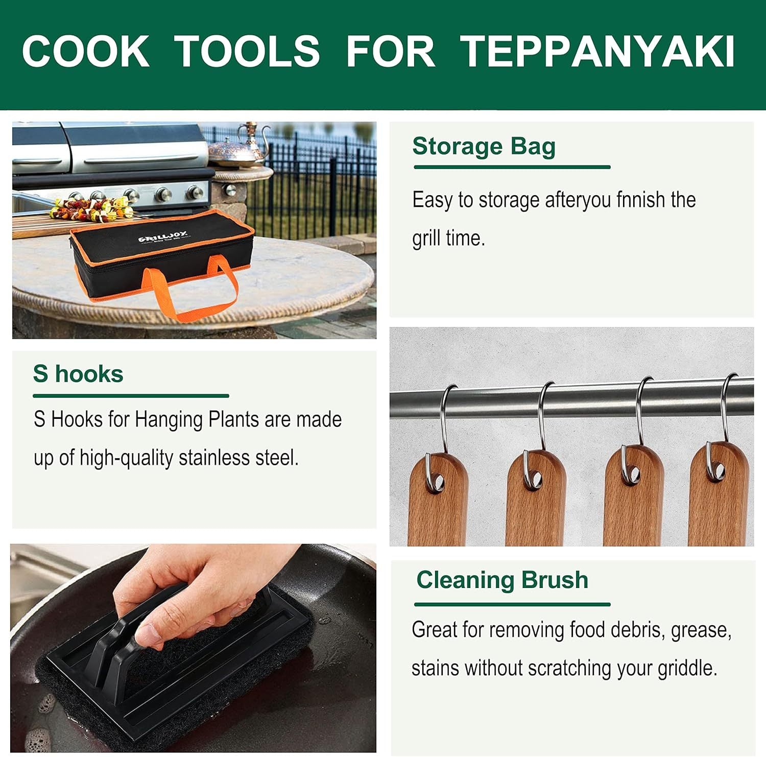 Shopi Vella stainless steel griddle spatula set with storage bag, S hooks, and cleaning brush for teppanyaki cooking