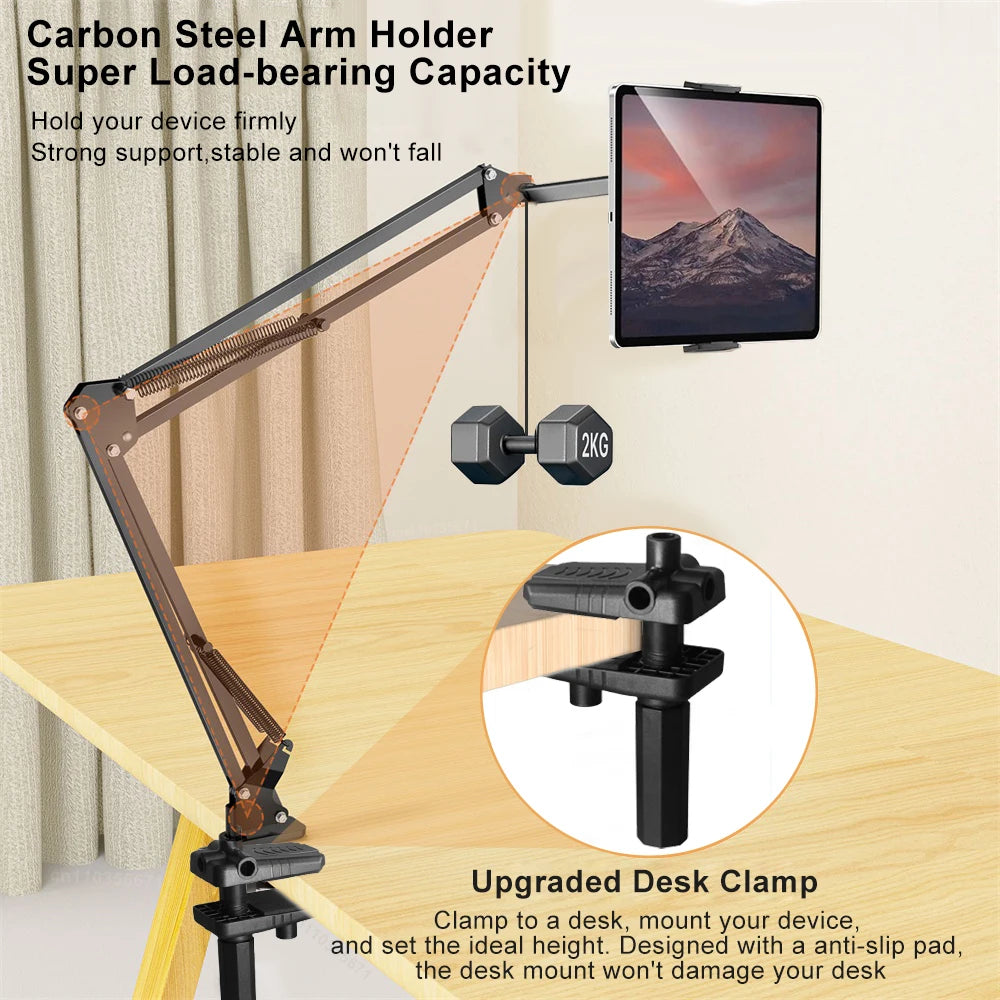 Hands free phone mount for bed with carbon steel arm holder and upgraded desk clamp holding a tablet securely