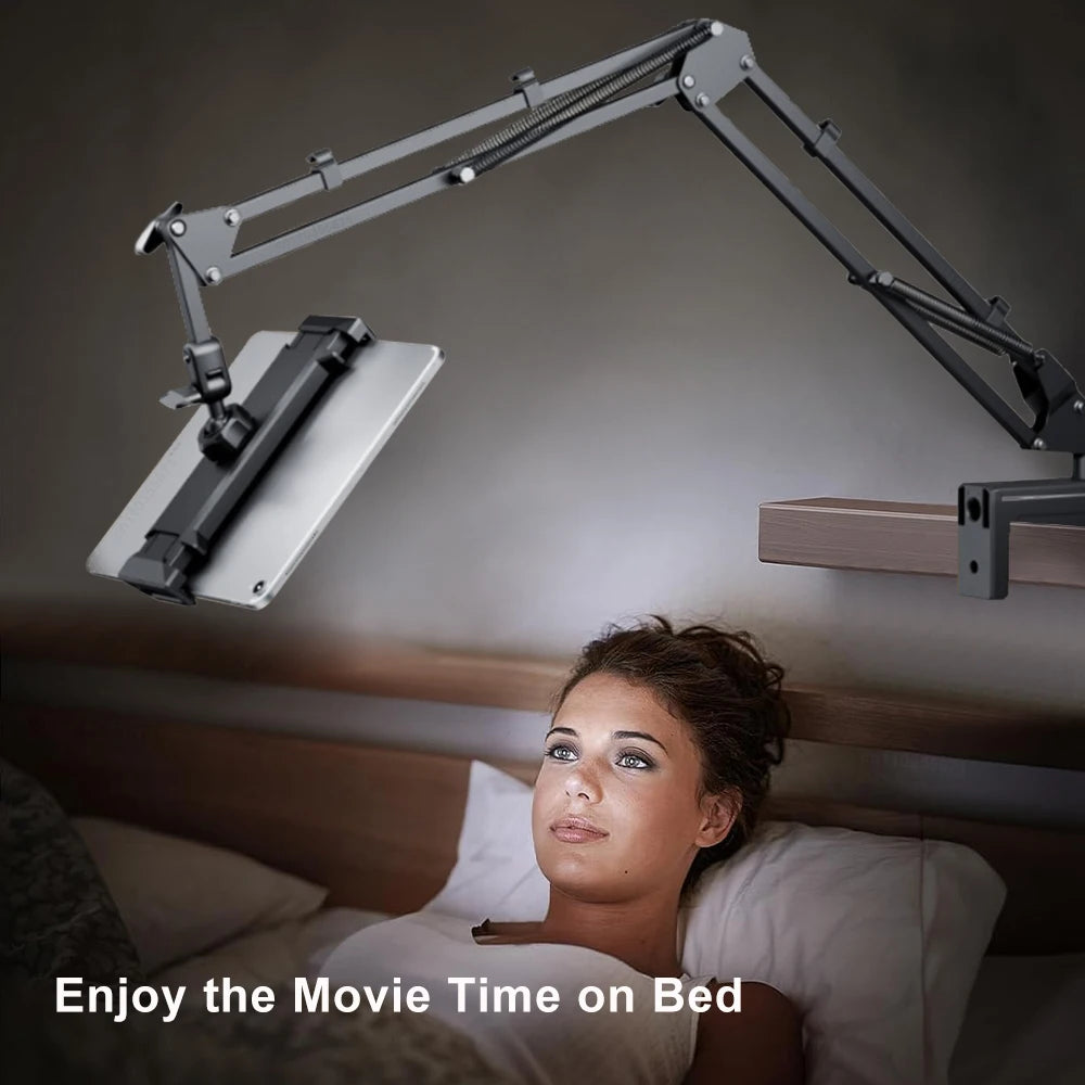 Hands free phone mount for bed holding a tablet with adjustable arm above a woman lying in bed