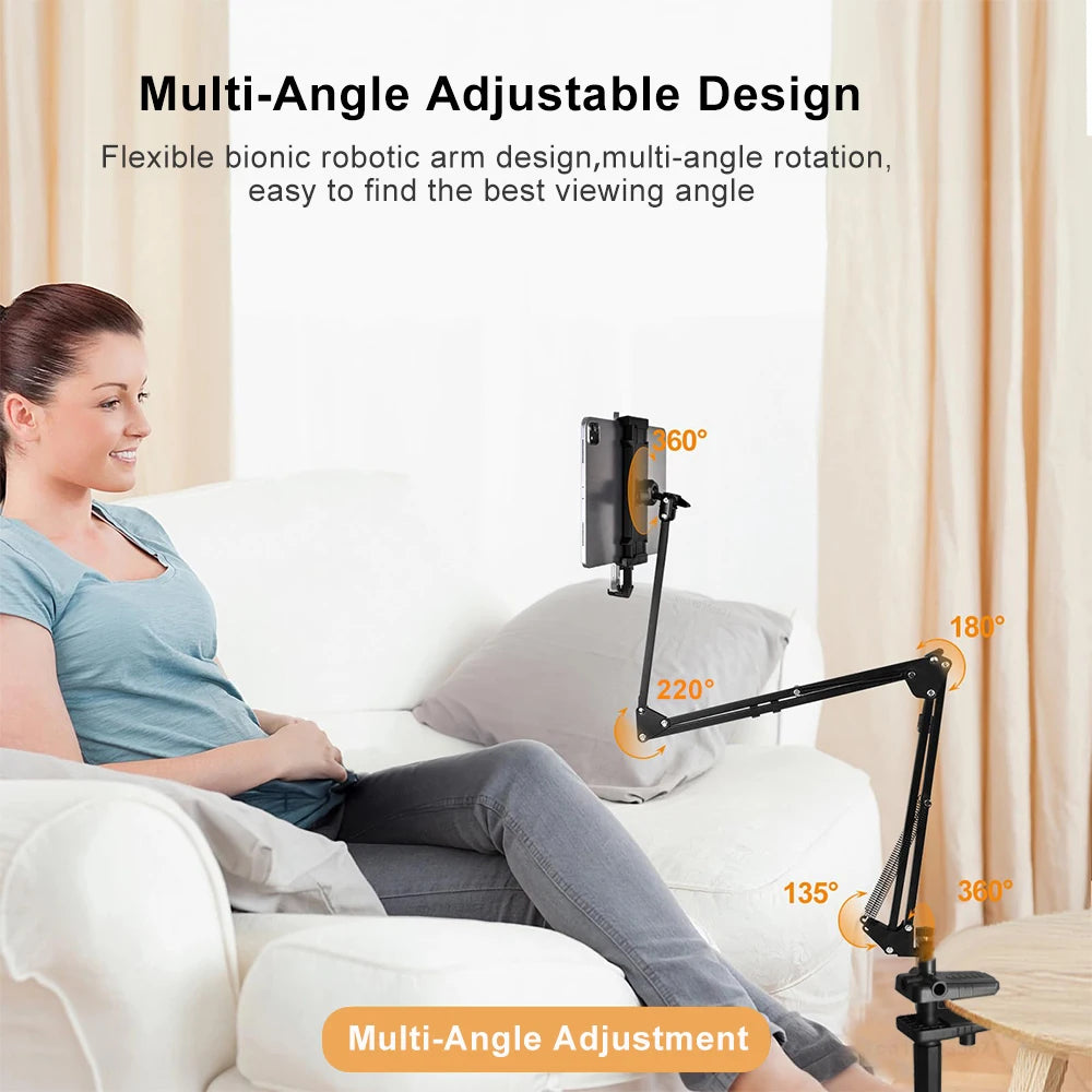 Multi-angle adjustable hands free phone mount for bed with flexible robotic arm holding phone near woman reclining on couch