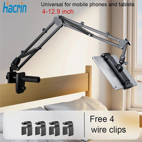 Hacrin hands free phone mount for bed holding tablet with adjustable arm and free wire clips