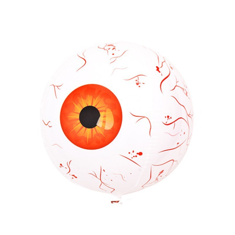 Halloween eyeball balloon with bright orange iris and red veins on a white background