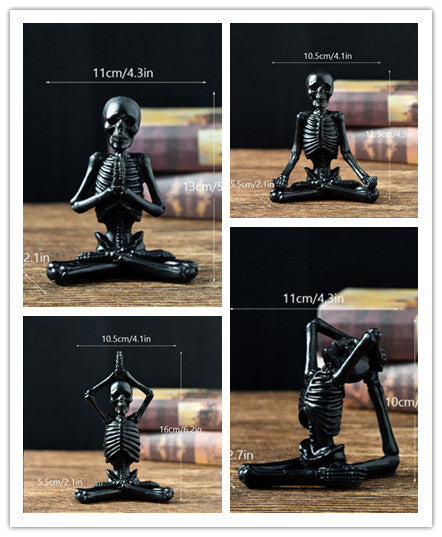 Halloween yoga skeleton decor in black resin showing four yoga poses with measurements for home storage display