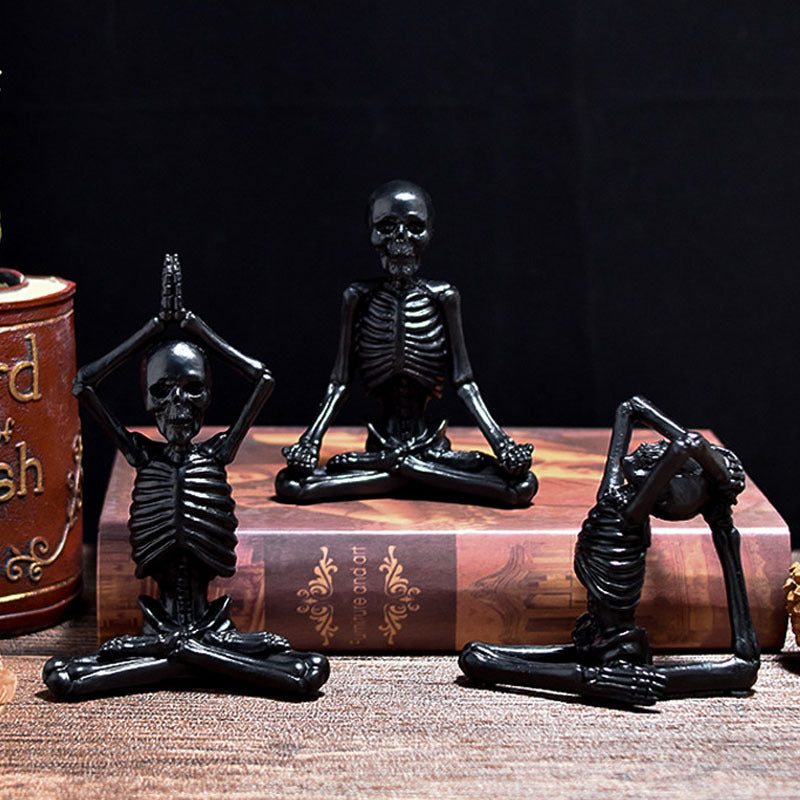 Halloween yoga skeleton decor set of three black skeletons posed in different yoga positions for home storage display