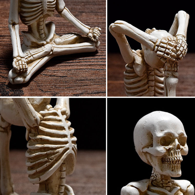 Halloween yoga skeleton decor showing detailed close-ups of a sitting skeleton figure for home storage