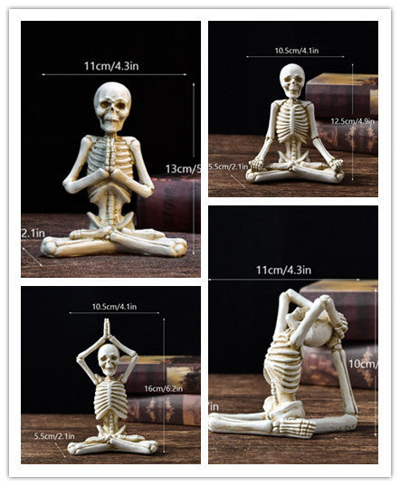 Shopi Vella halloween yoga skeleton decor in various yoga poses with size measurements for home storage