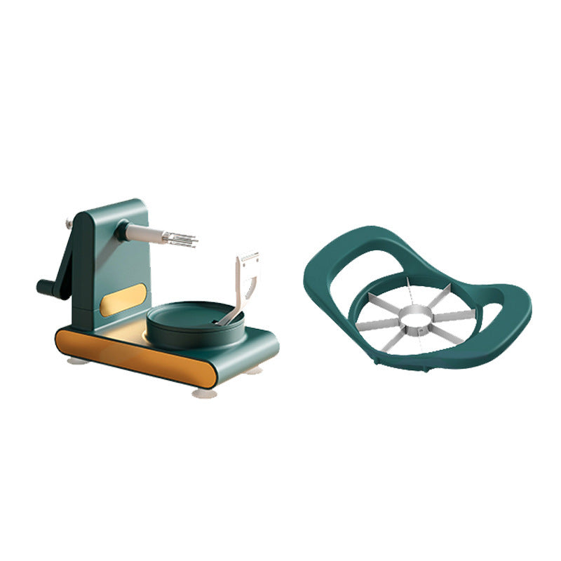 Shopi Vella hand-cranked fruit peeler machine with separate apple slicer for kitchen storage