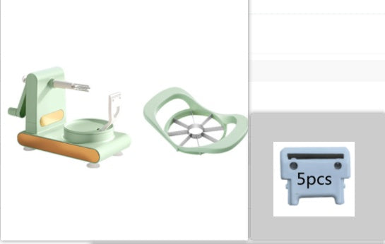 Shopi Vella hand-cranked fruit peeler machine in green with an additional metal slicer attachment for kitchen storage