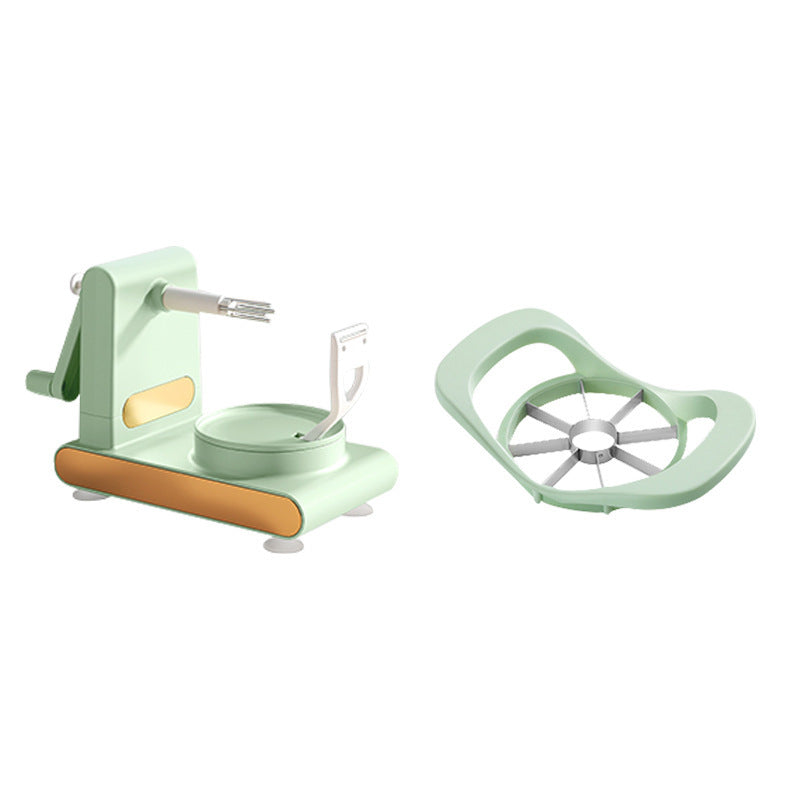 Shopi Vella hand-cranked fruit peeler machine in mint green with apple slicer for kitchen storage