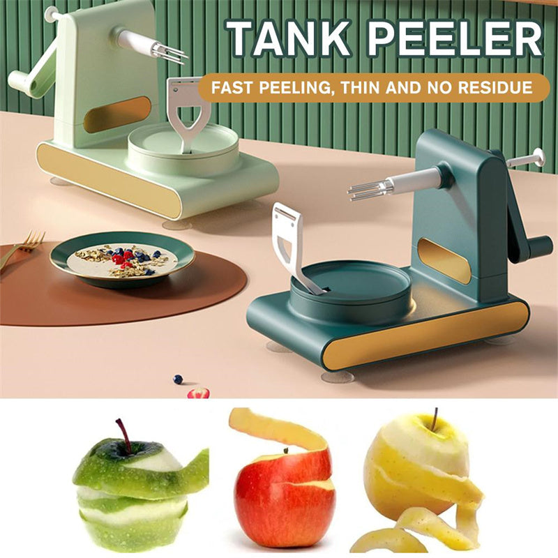 Shopi Vella hand-cranked fruit peeler machine in green and teal for fast, thin, residue-free fruit peeling
