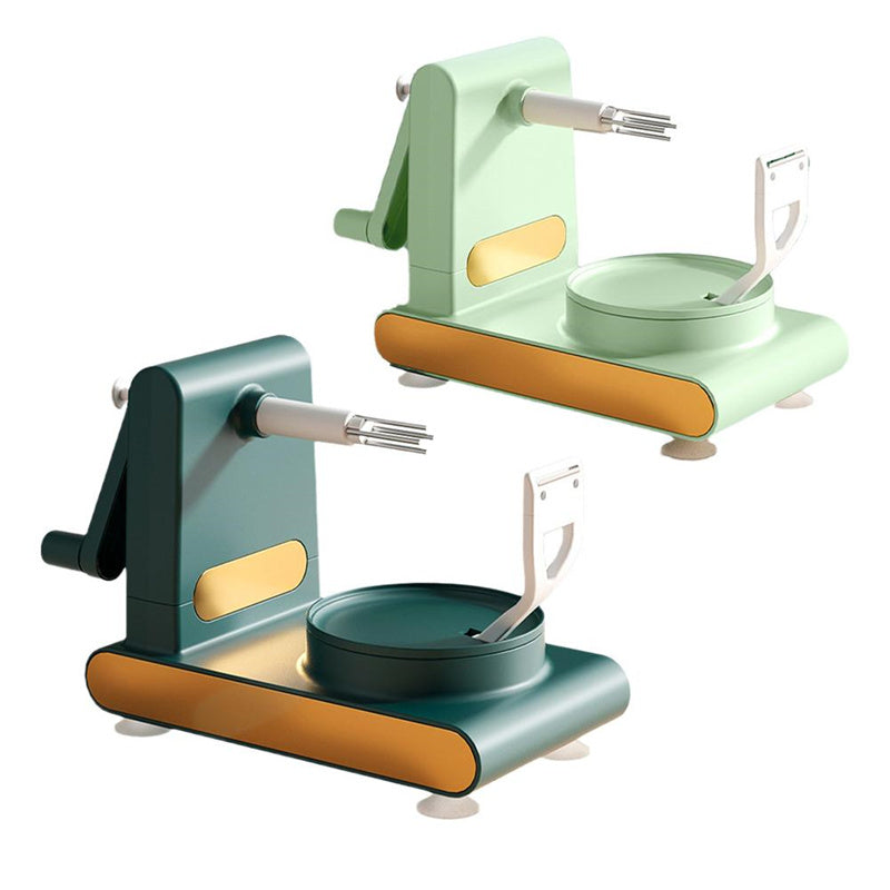 Shopi Vella hand-cranked fruit peeler machine in green and dark teal for kitchen storage and efficient fruit peeling