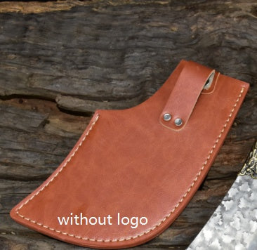 Leather sheath for hand-forged bone chopping knife with sturdy stitching and snap closure