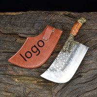 My Store hand-forged bone chopping knife with wooden handle and leather sheath on rustic wood