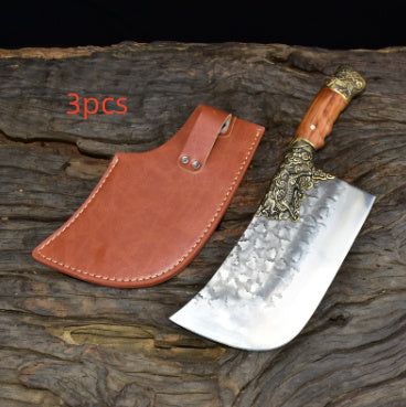 My Store hand-forged bone chopping knife with decorative handle and leather sheath on wooden surface